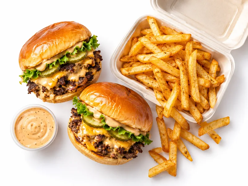 Gourmet halal smash burger with melted cheese and seasoned fries