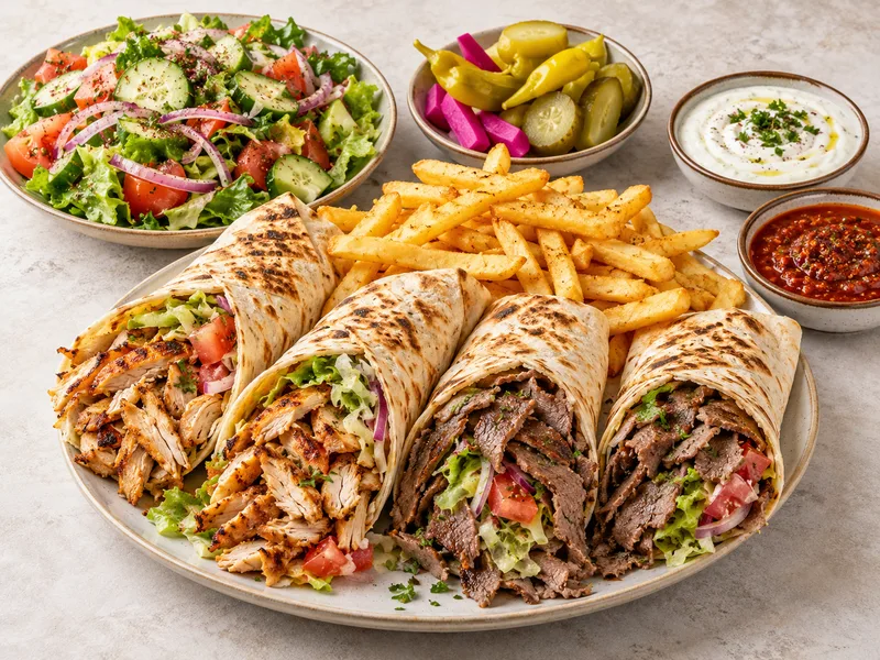 Freshly carved halal shawarma and chicken kebab platter with golden fries and salad